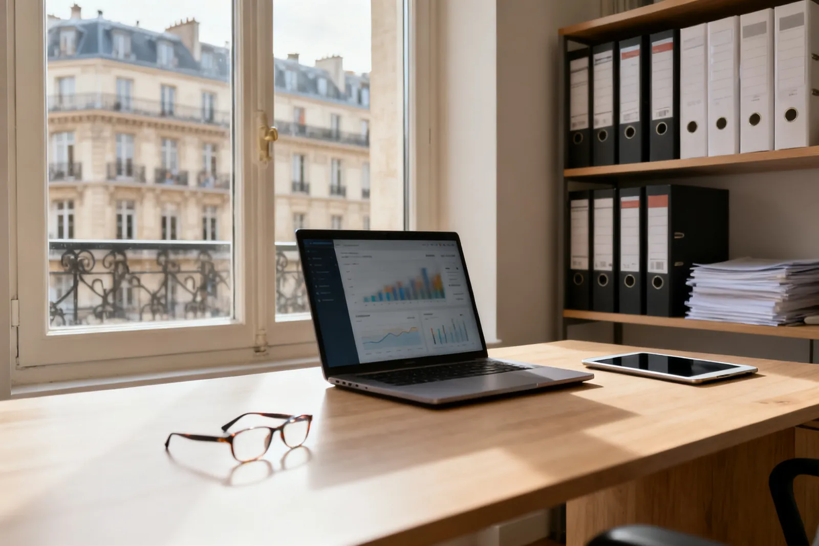 Bureau de gestion immobilière avec vue sur des immeubles parisiens