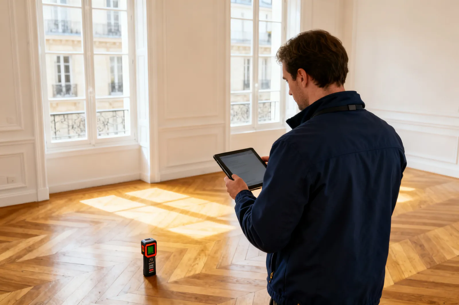 Diagnostiqueur muni d'une tablette dans un appartement vide