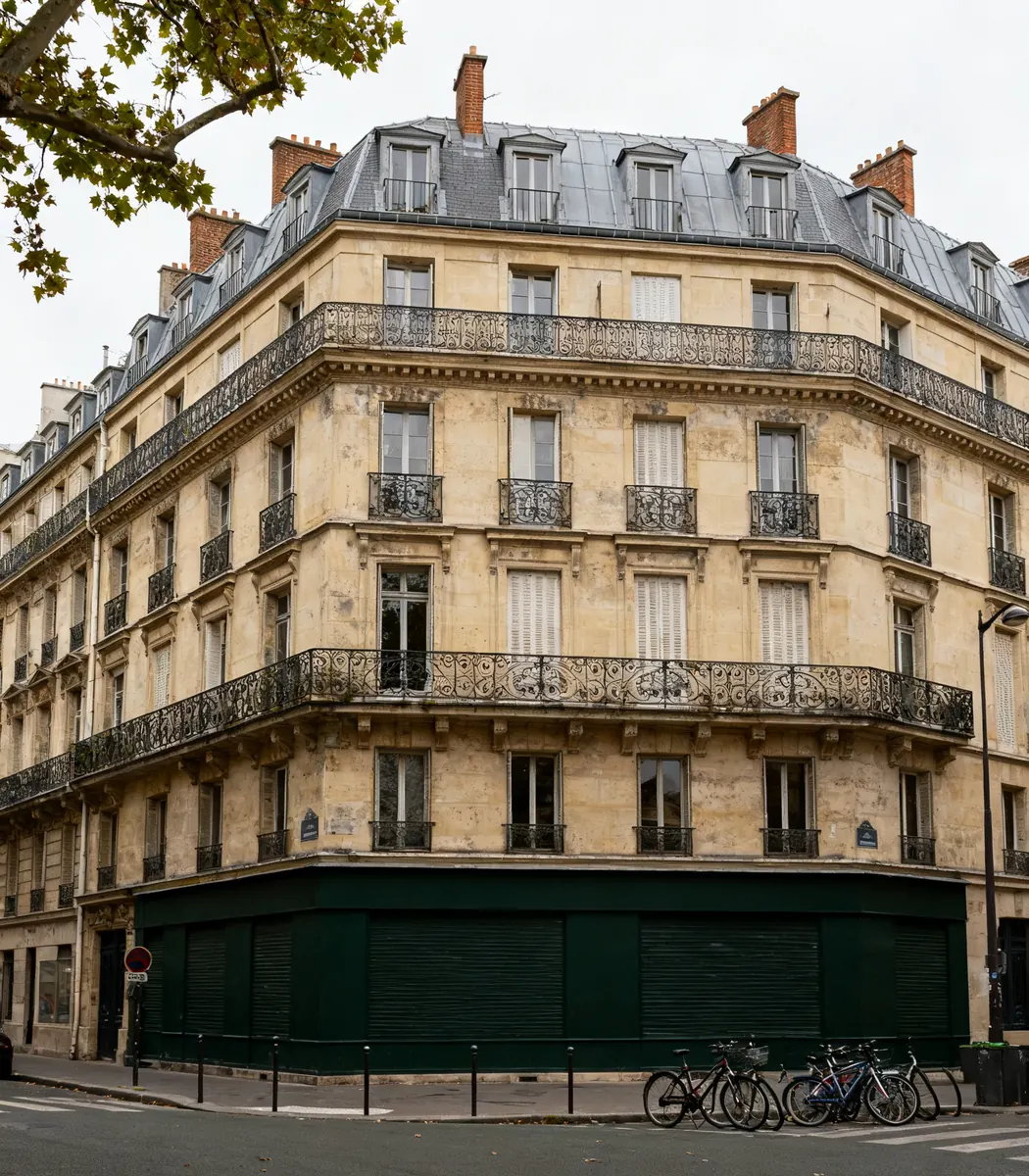 Immeuble haussmannien à l'angle d'une rue parisienne