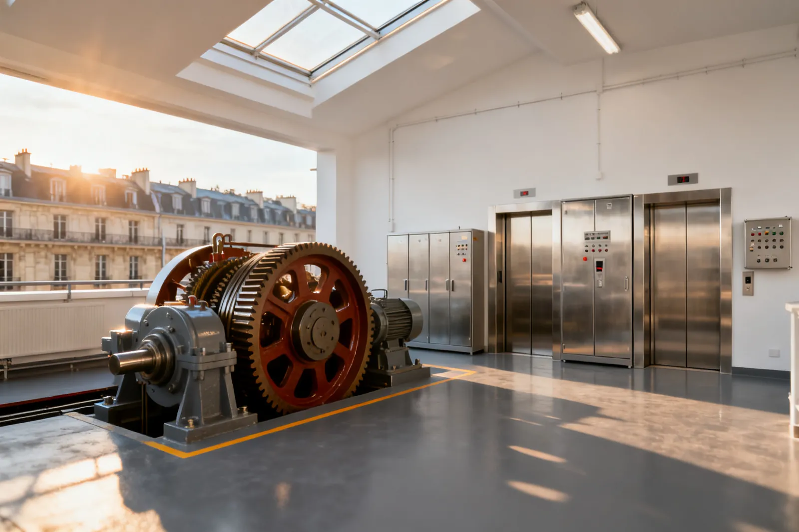 Machinerie d'ascenseur entretenue sur le toit d'un immeuble parisien