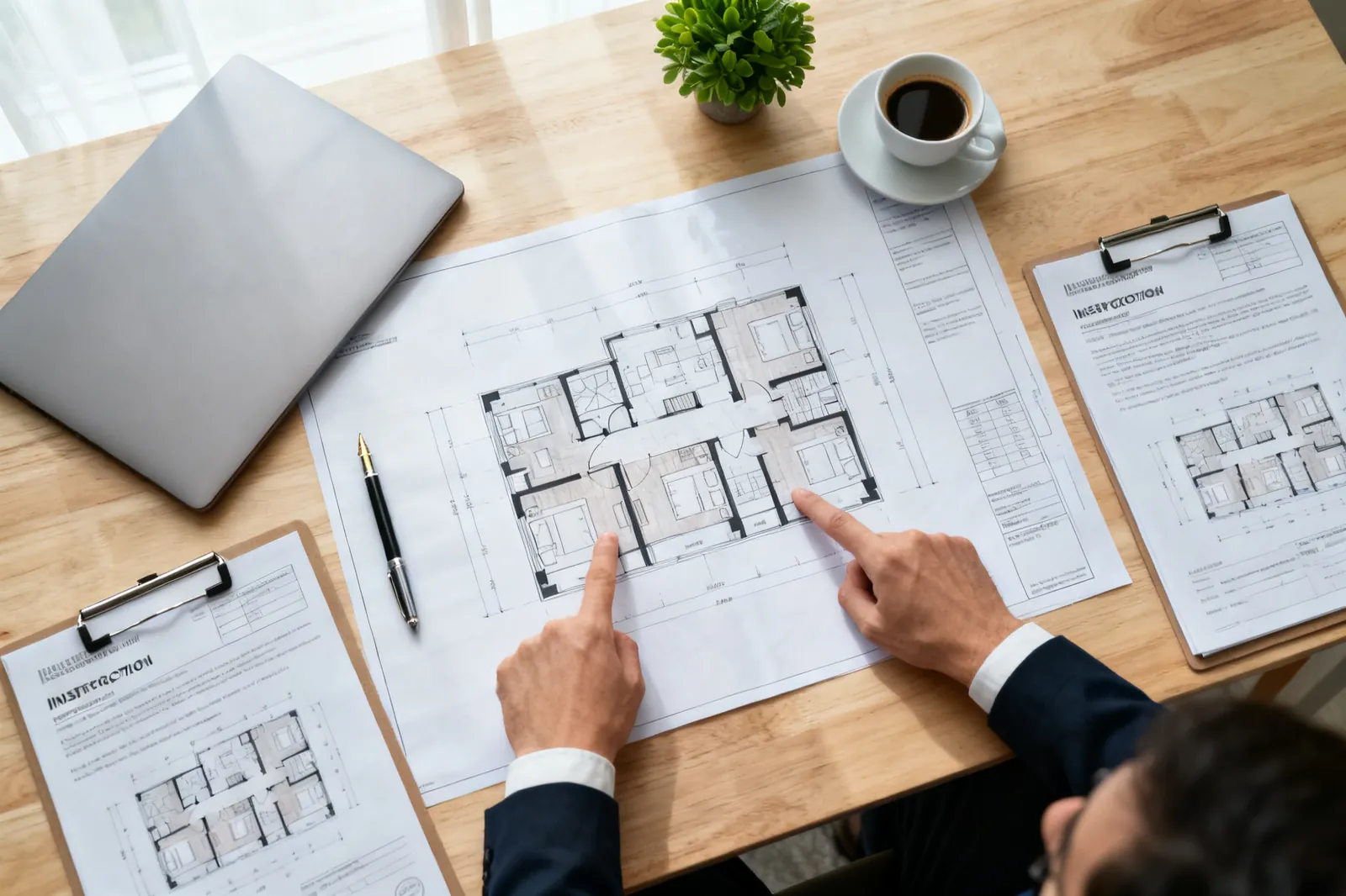 Plans d'immeuble et rapports de contrôle sur une table de réunion