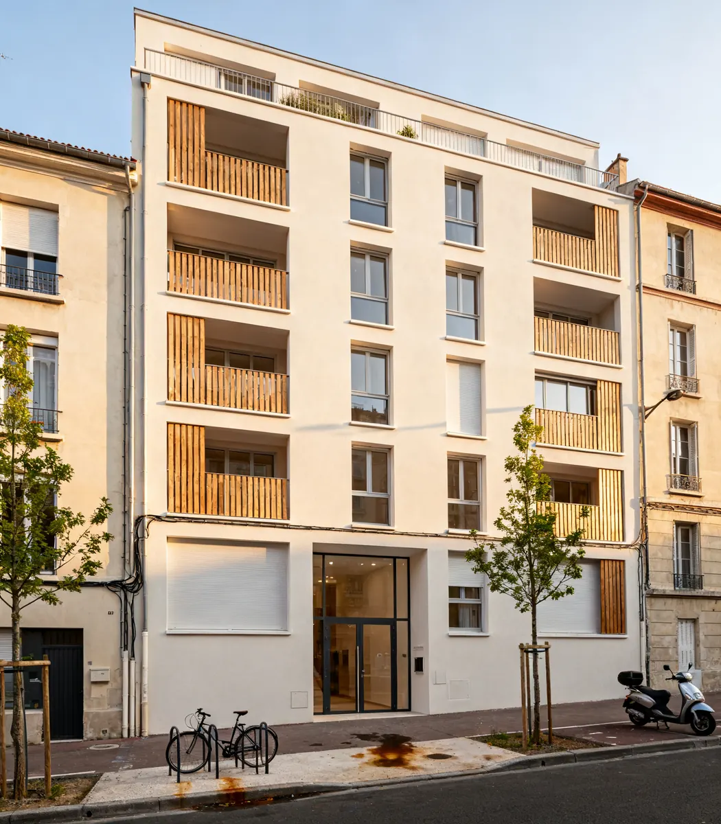 Immeuble résidentiel récent avec balcons en bois dans une rue de quartier