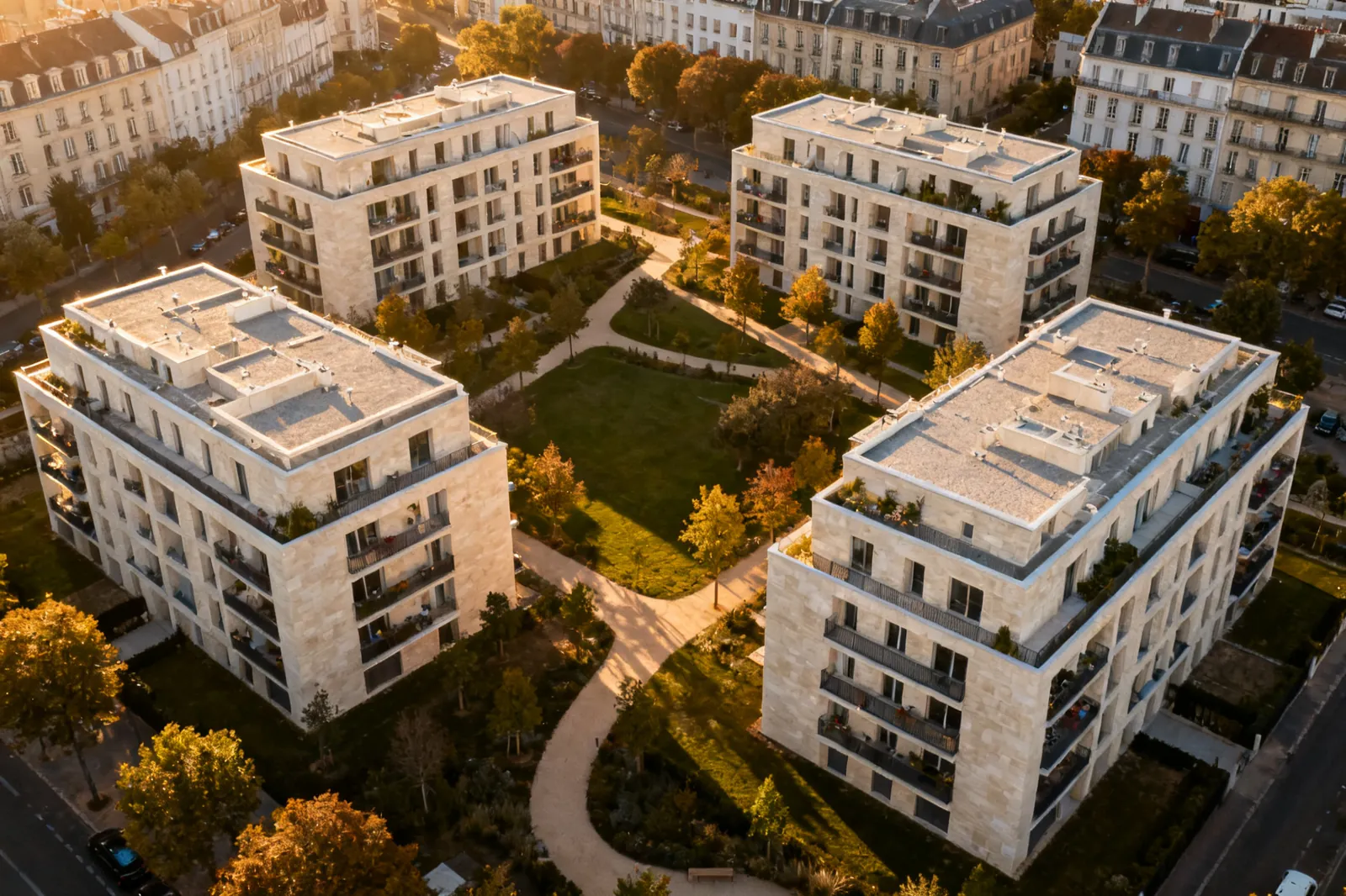 Vue aérienne d'une résidence de quatre immeubles autour d'un jardin